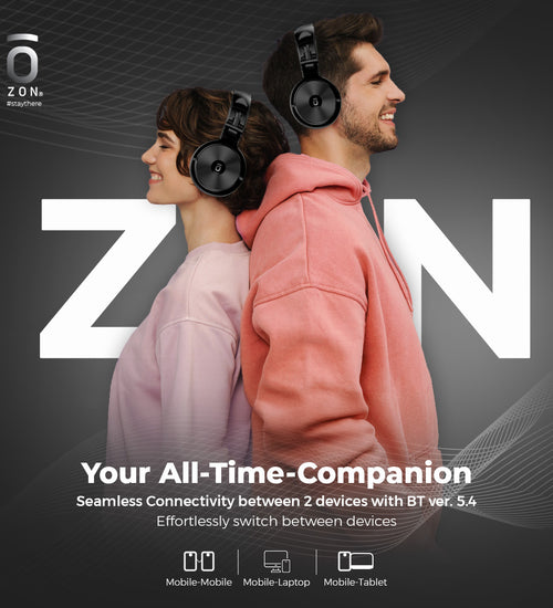 ZON ZH3 Wireless Bluetooth Over-The-Ear Headphone for Hi-Fidelity Music | with Mic | 50Hrs Battery | 50mm Driver | 2-Device connectivity | 3.5mm Aux Connect with mic | Black