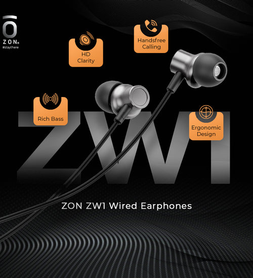ZON ZW1 Premium in-ear wired headphones with Rich Bass | Hi-fidelity sound | Hands-free calling | Tangle-free cord | Black